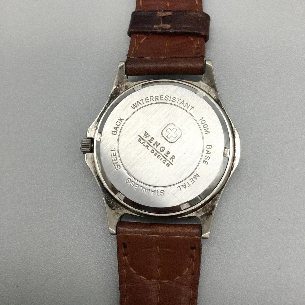 Vintage Wenger SAK Design Mens Watch 35mm Brown Leather NOT RUNNING FOR PARTS